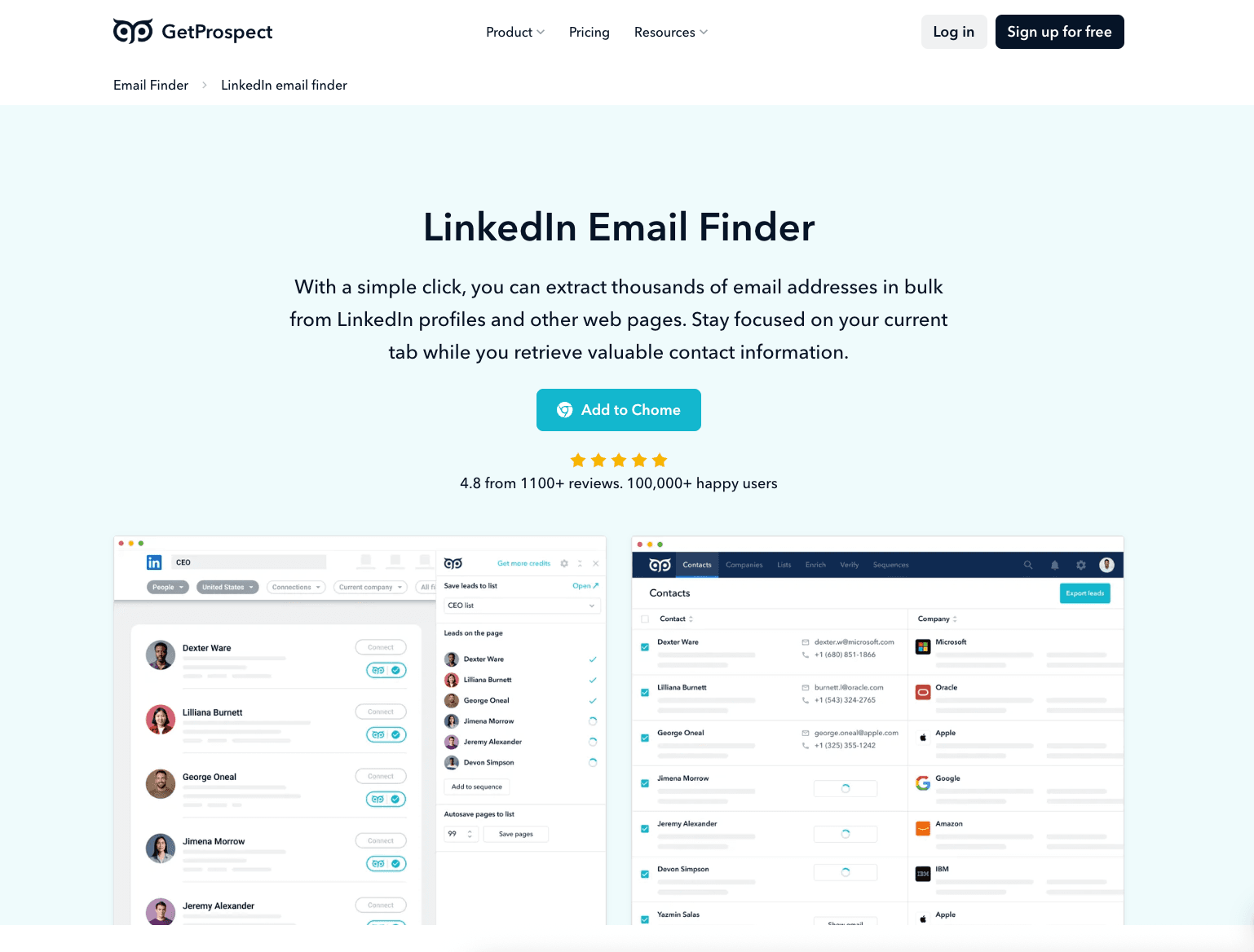 GetProspect Chrome extension overlay on a LinkedIn profile revealing business email addresses