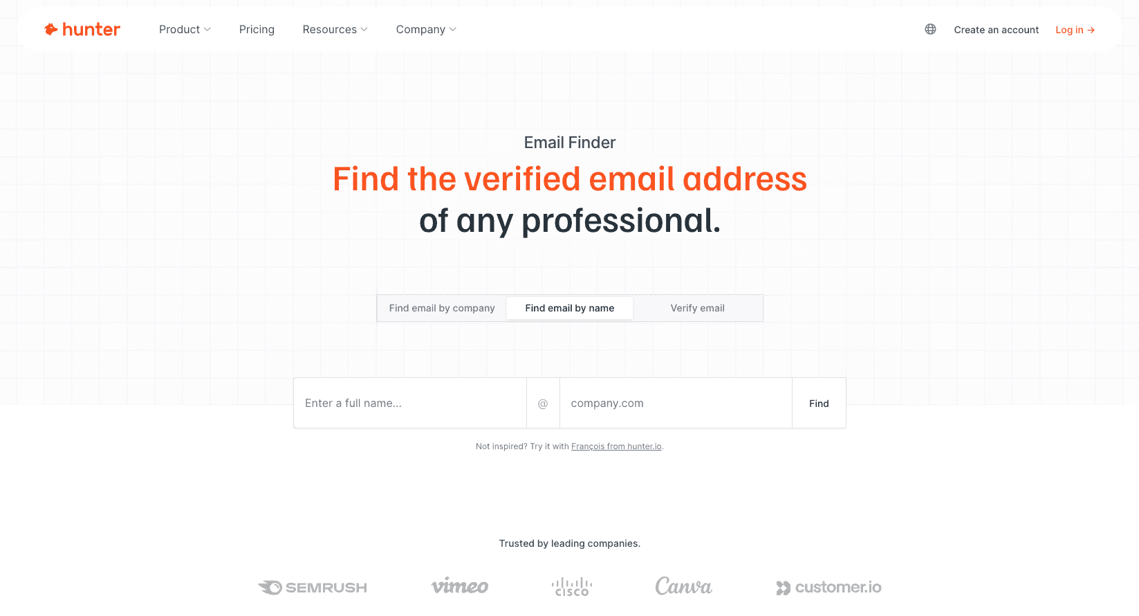 Hunter.io domain search interface with a Chrome extension overlay on a company website