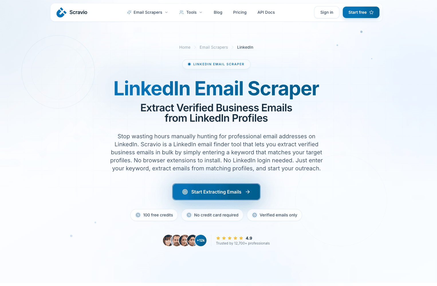 Scravio LinkedIn email finder dashboard showing bulk URL processing and verified business emails