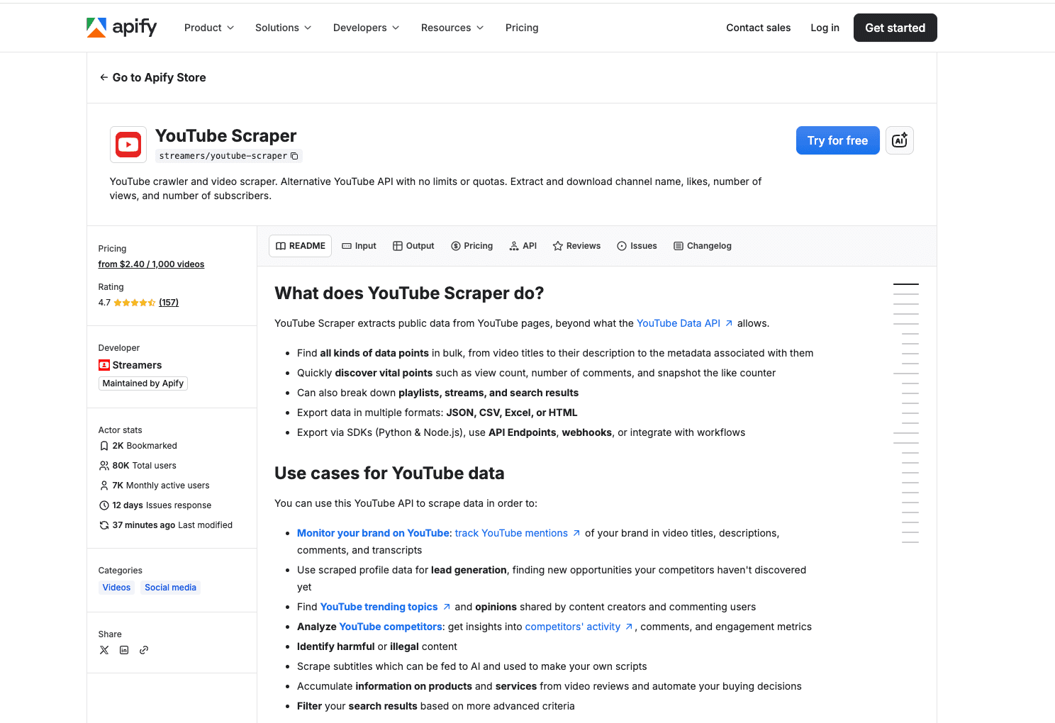 Apify YouTube Scraper actor configuration screen