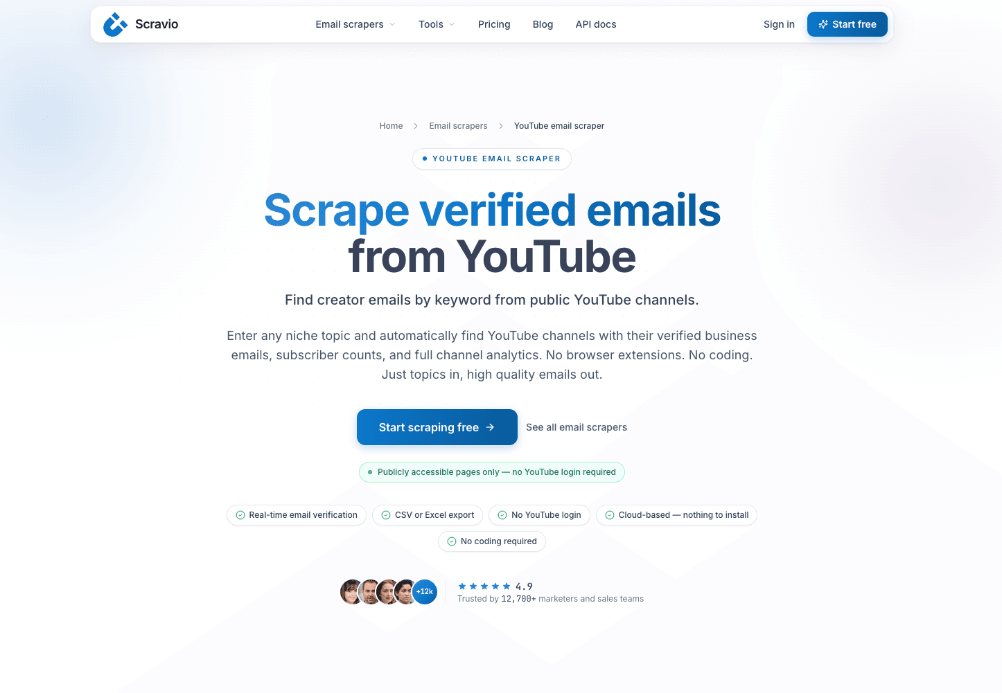 Scravio YouTube email scraper dashboard with extracted channel list