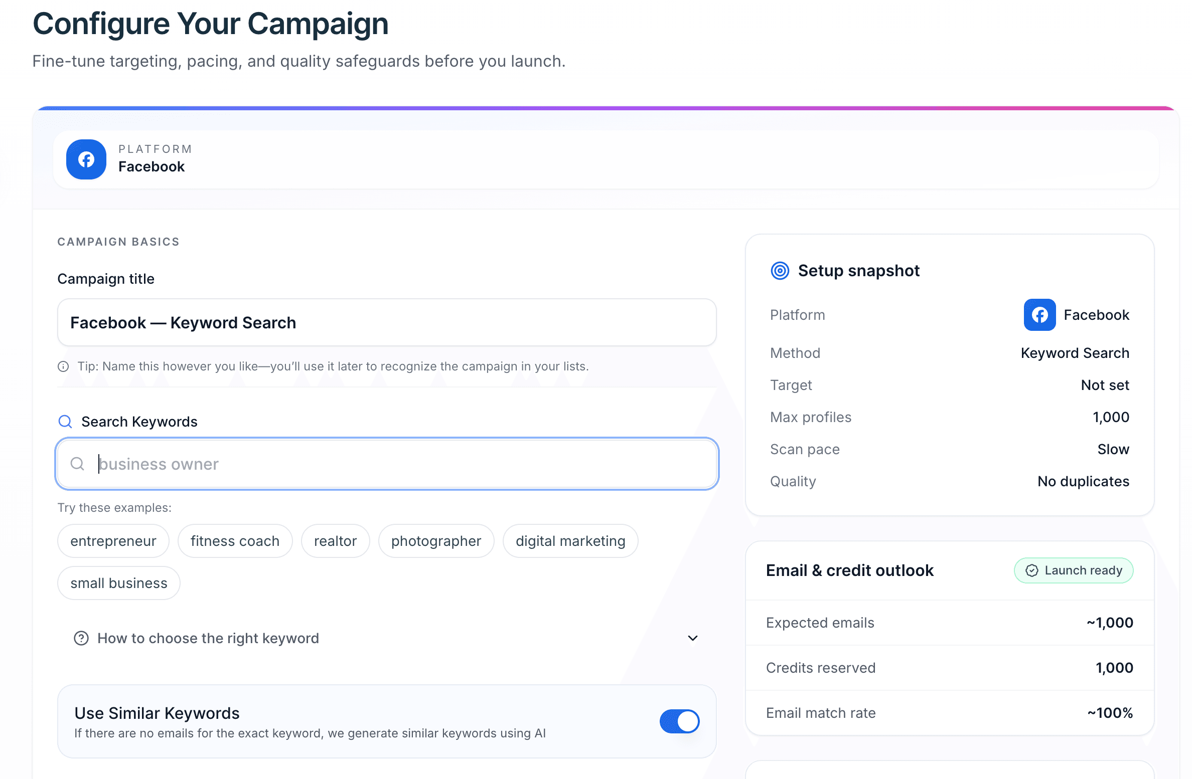 Scravio Facebook email scraper keyword search interface