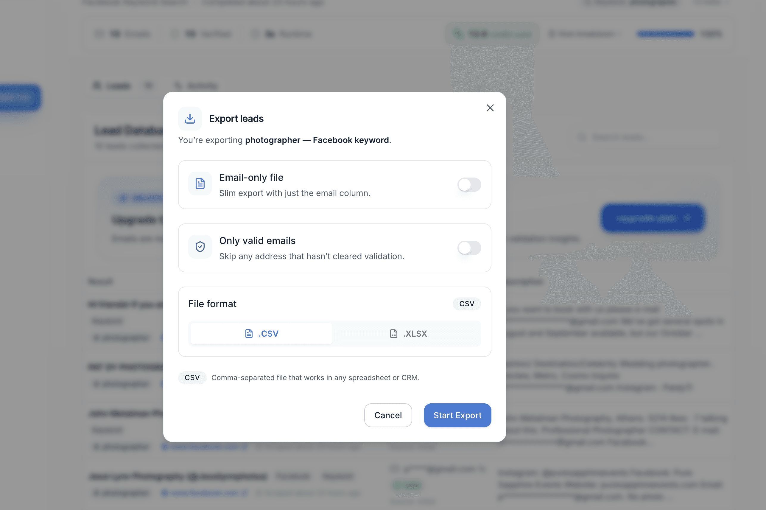 Scravio export Facebook emails with source links to CSV or Excel