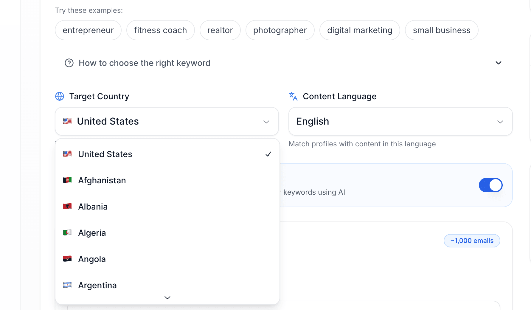 Target Country and Content Language filter dropdowns