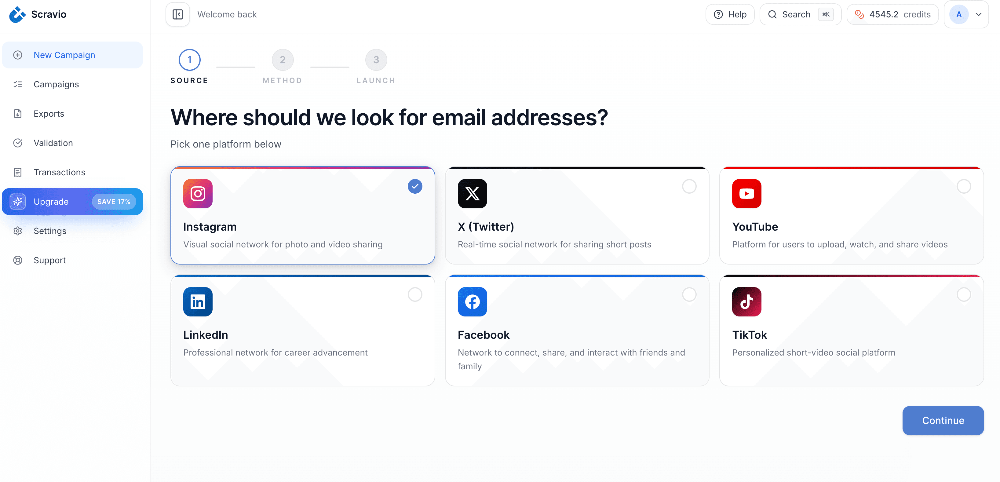 Scravio dashboard with platform selection options