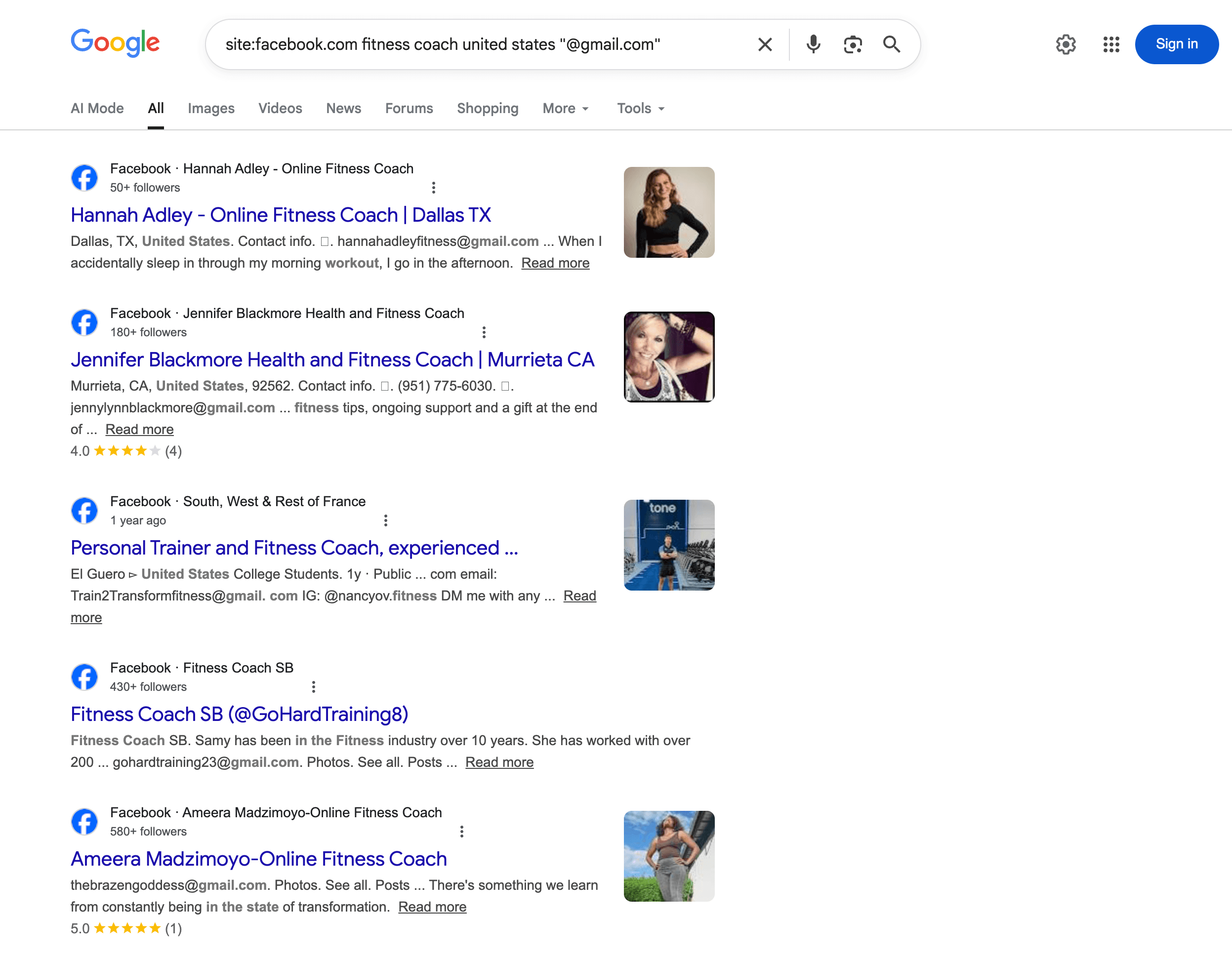 Google site search results showing public Facebook email addresses using the site:facebook.com keyword @gmail.com search operator