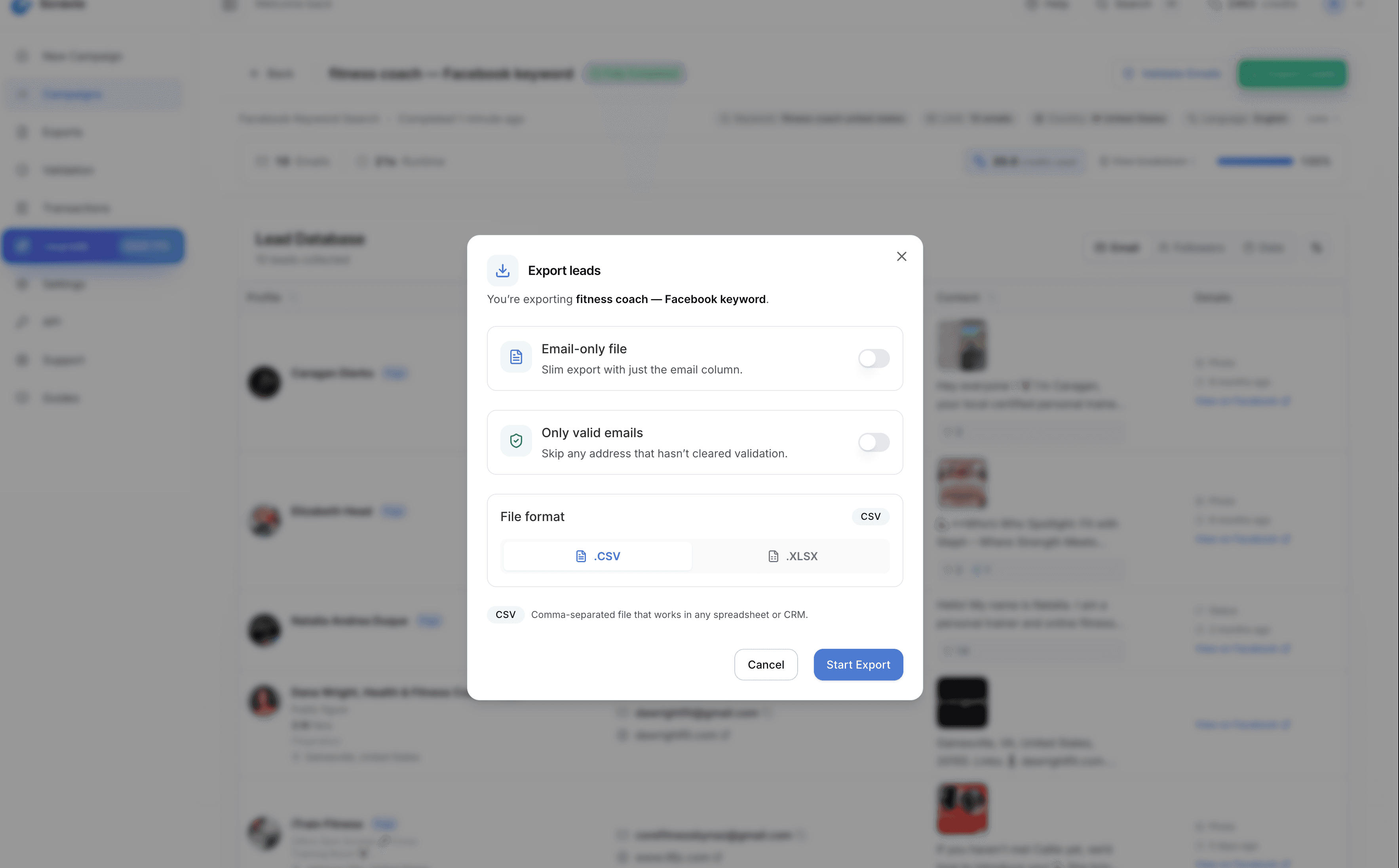 Scravio export feature — downloading verified Facebook email list as CSV for cold outreach campaigns