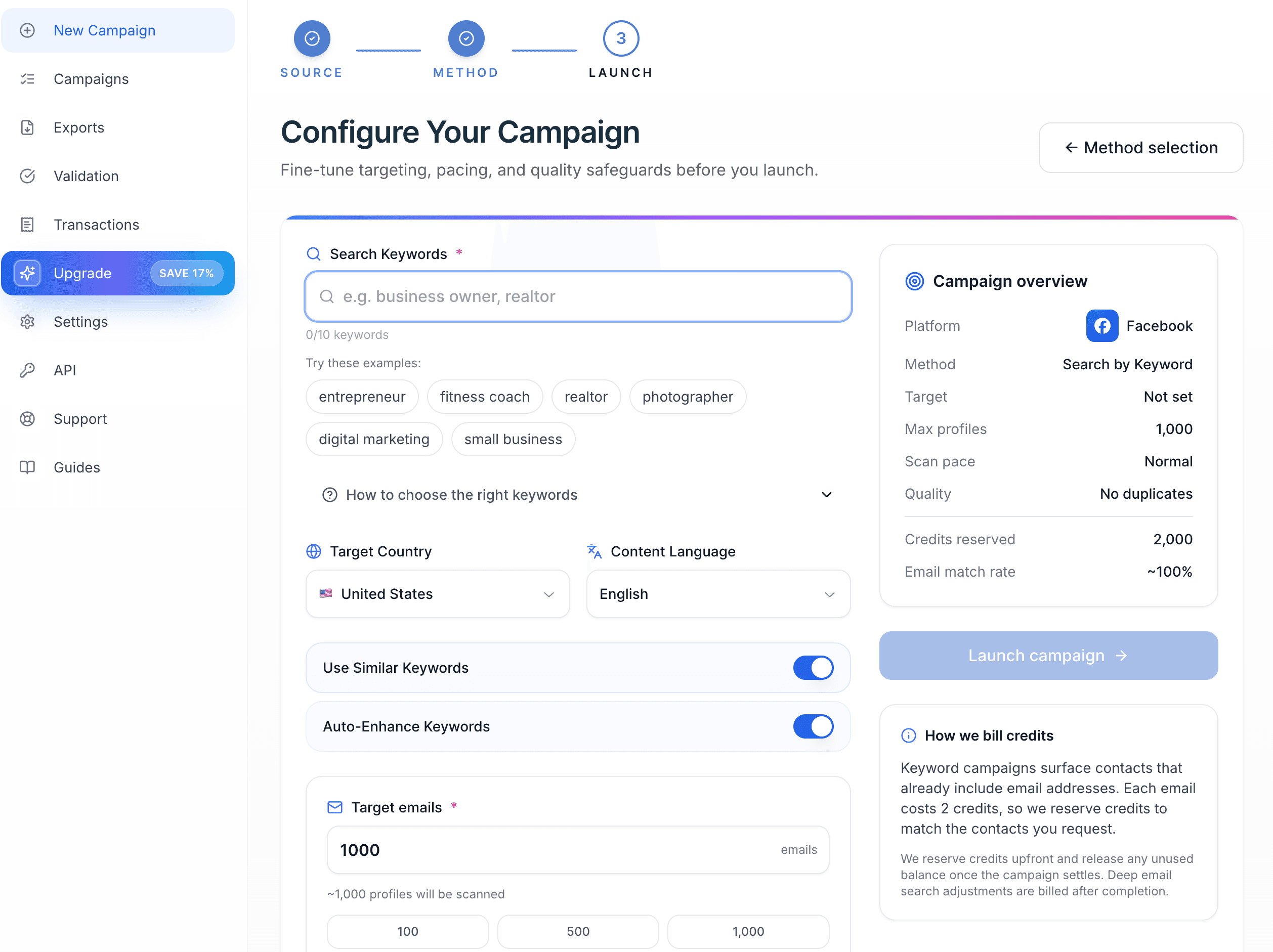 Scravio Facebook email scraper — entering a niche keyword to target relevant Facebook groups and pages