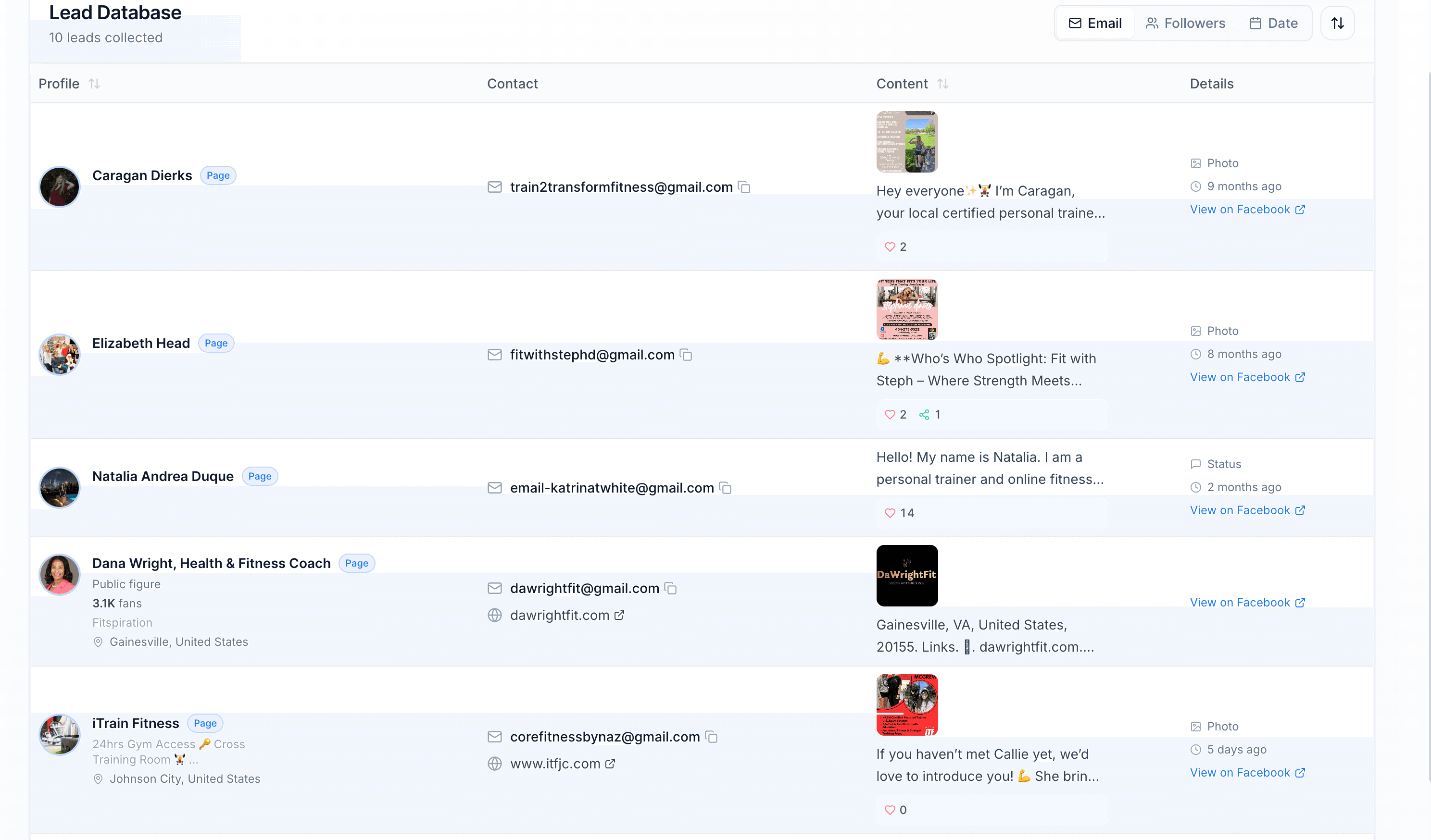 Scravio Facebook email scraper results table showing verified emails, names, locations, and profile data from Facebook groups