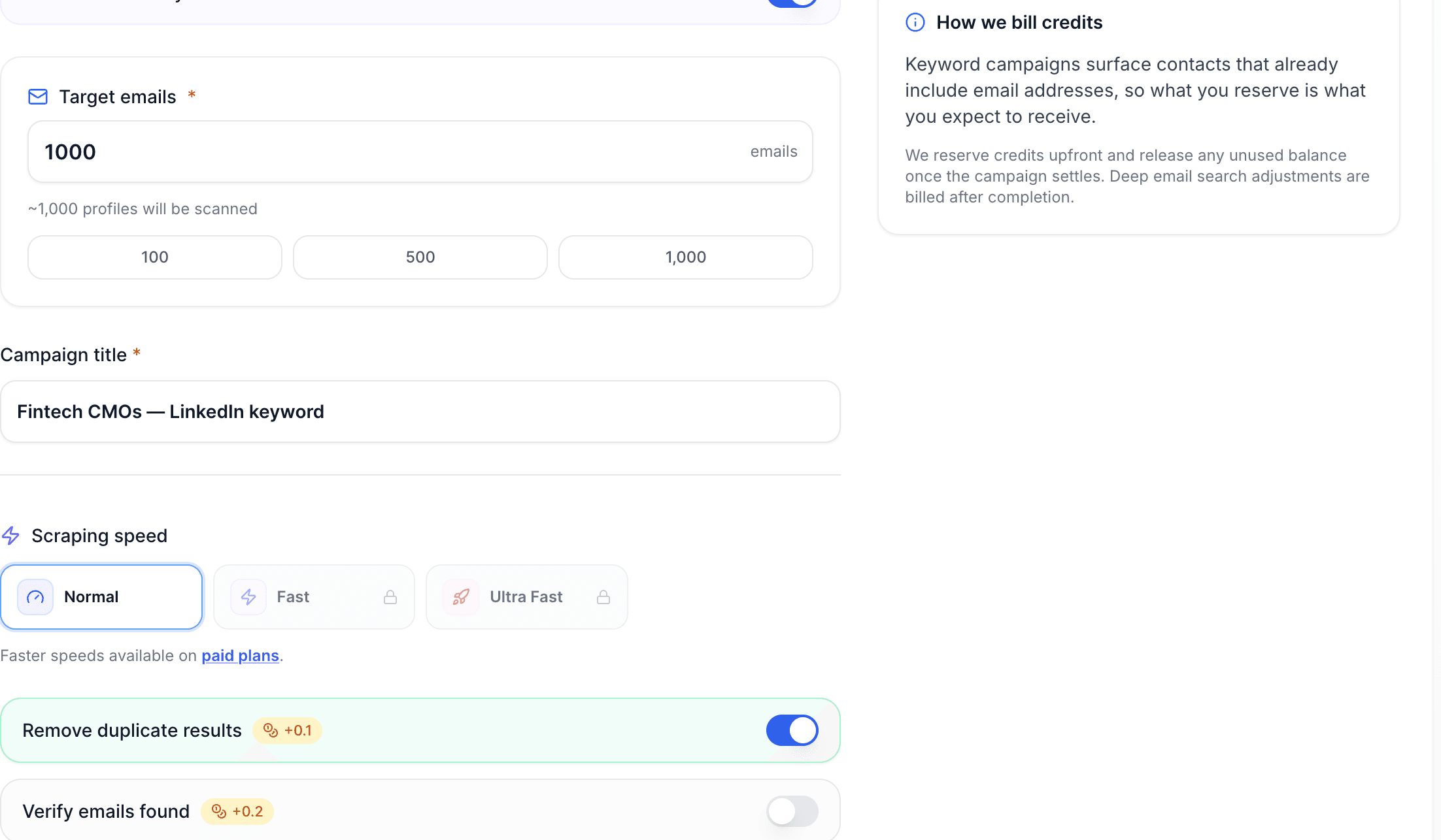 Scravio campaign progress view showing keyword processing status