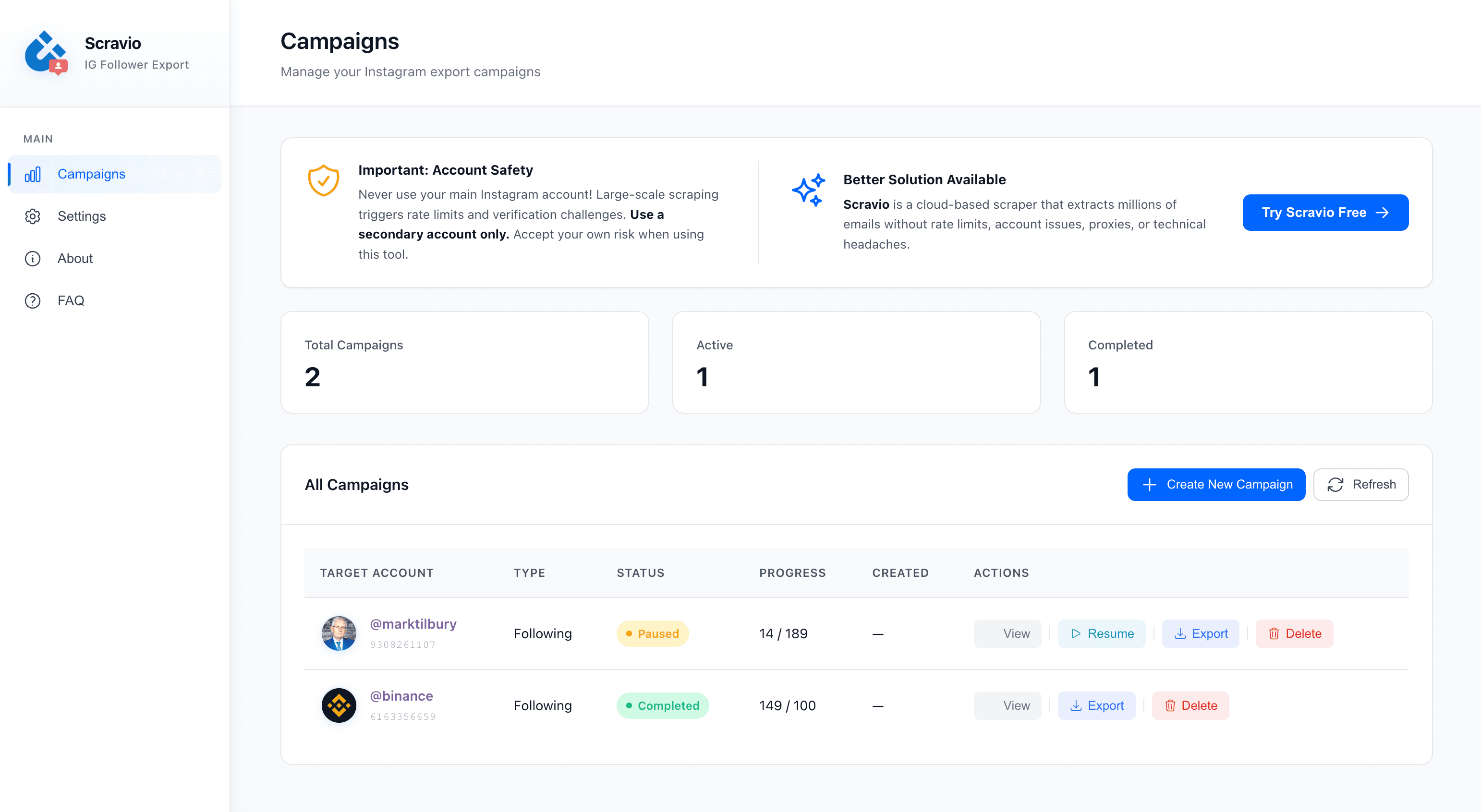 Scravio IG Follower Export Chrome Extension interface showing follower list export