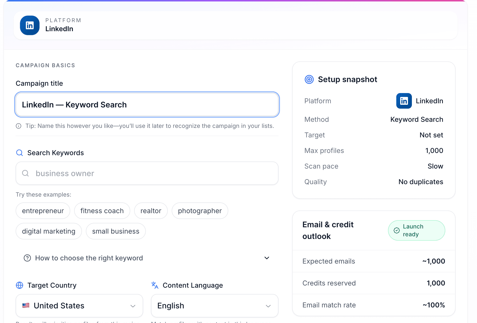 Step 1: Enter your target keyword in Scravio's LinkedIn email scraper