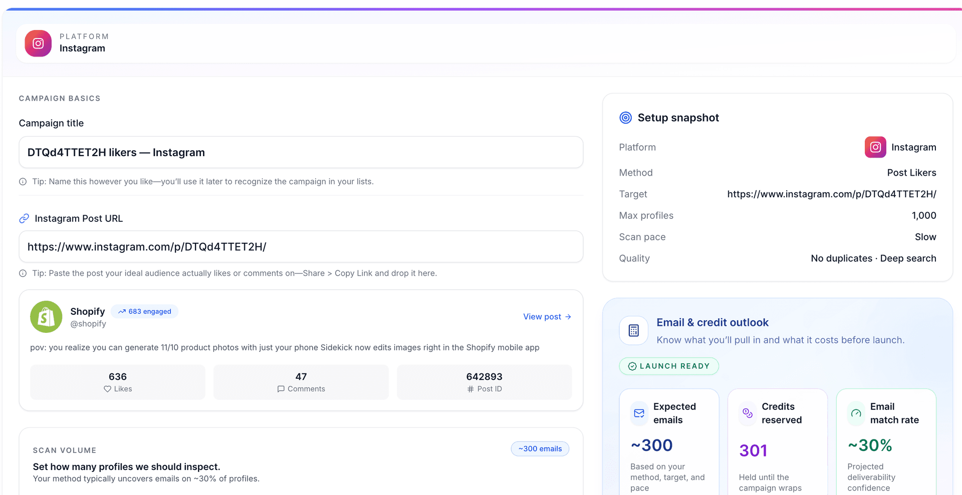Scravio post URL input interface for likers extraction