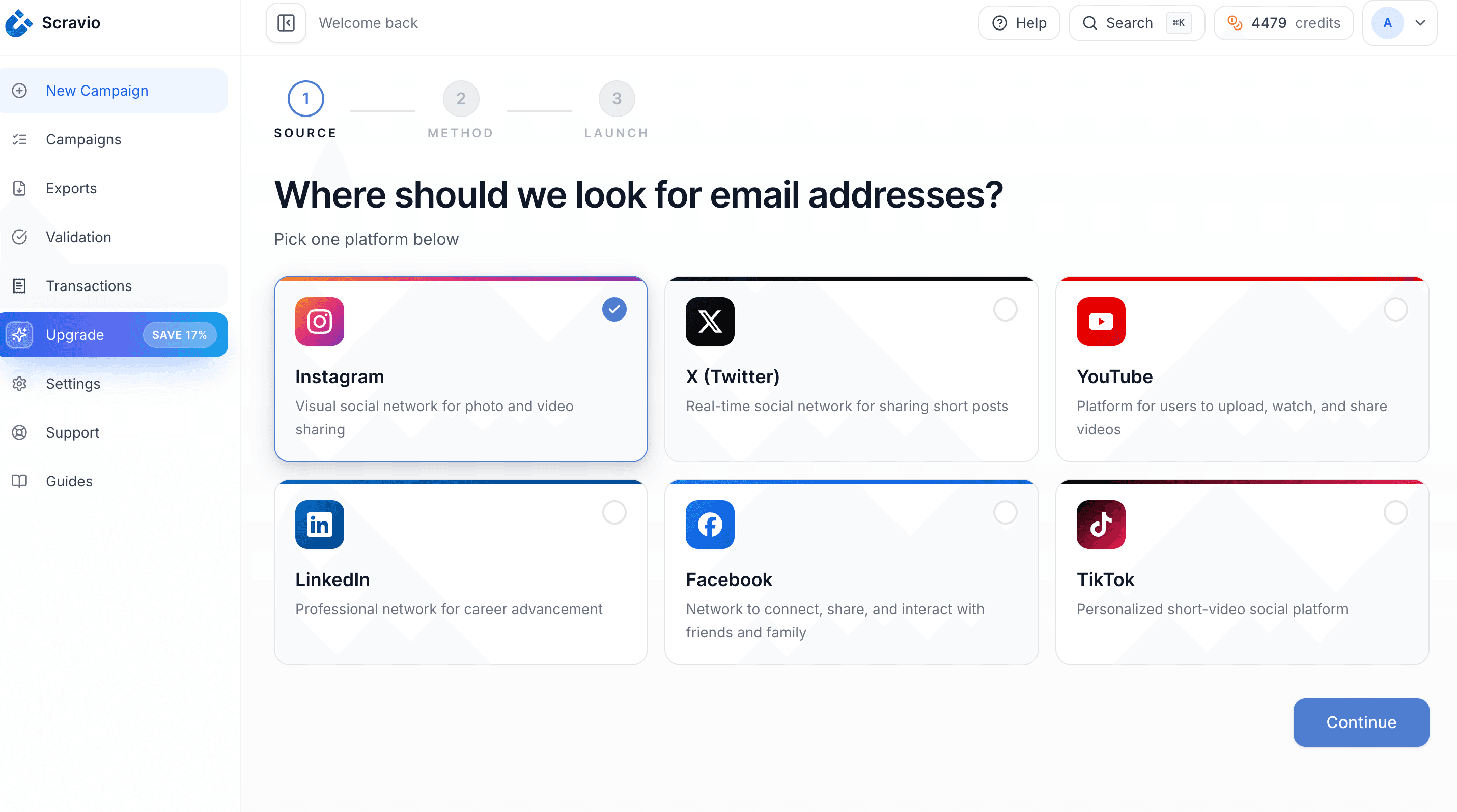 Scravio dashboard showing platform selection with Instagram highlighted