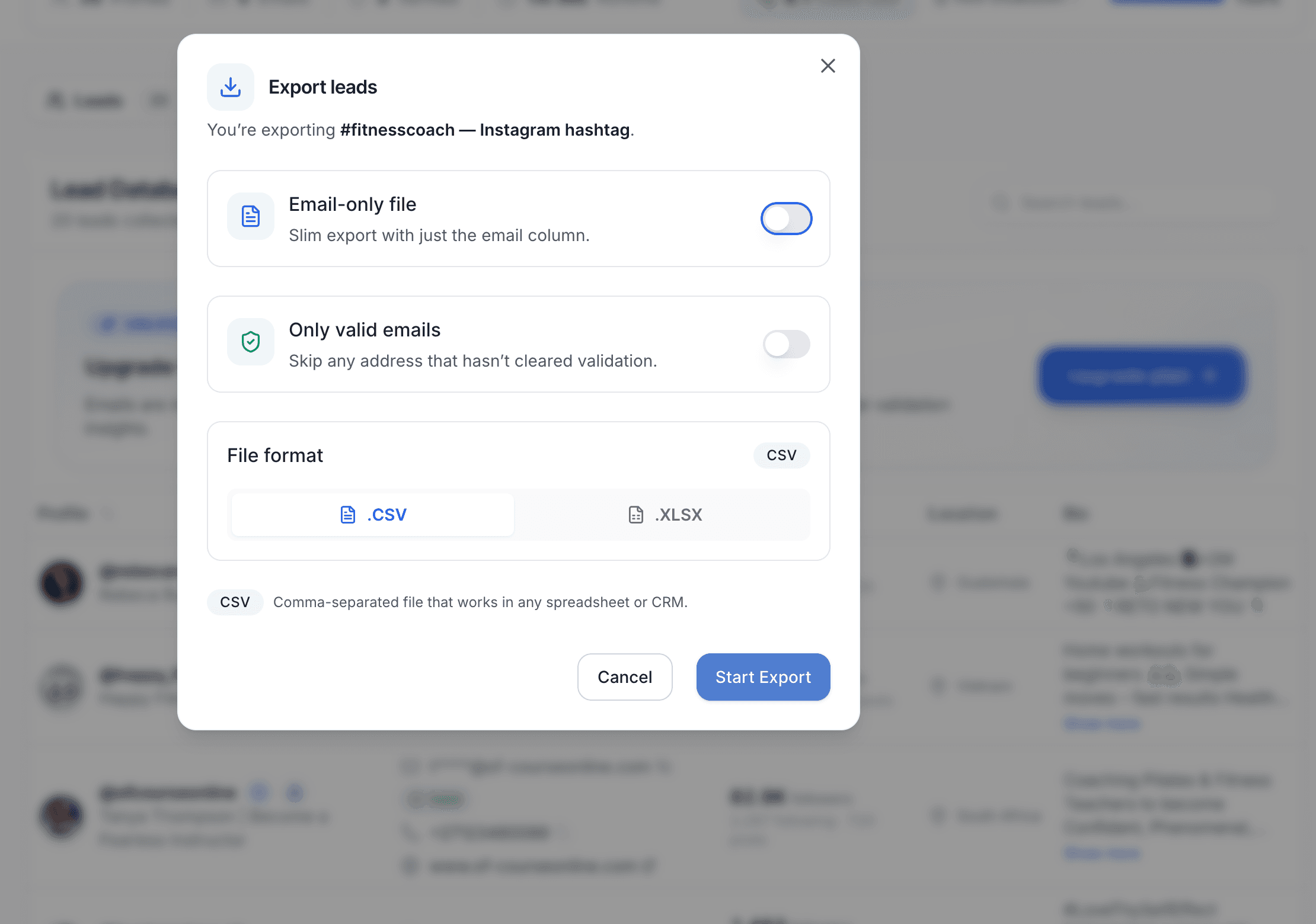 Export dropdown showing CSV and Excel download options
