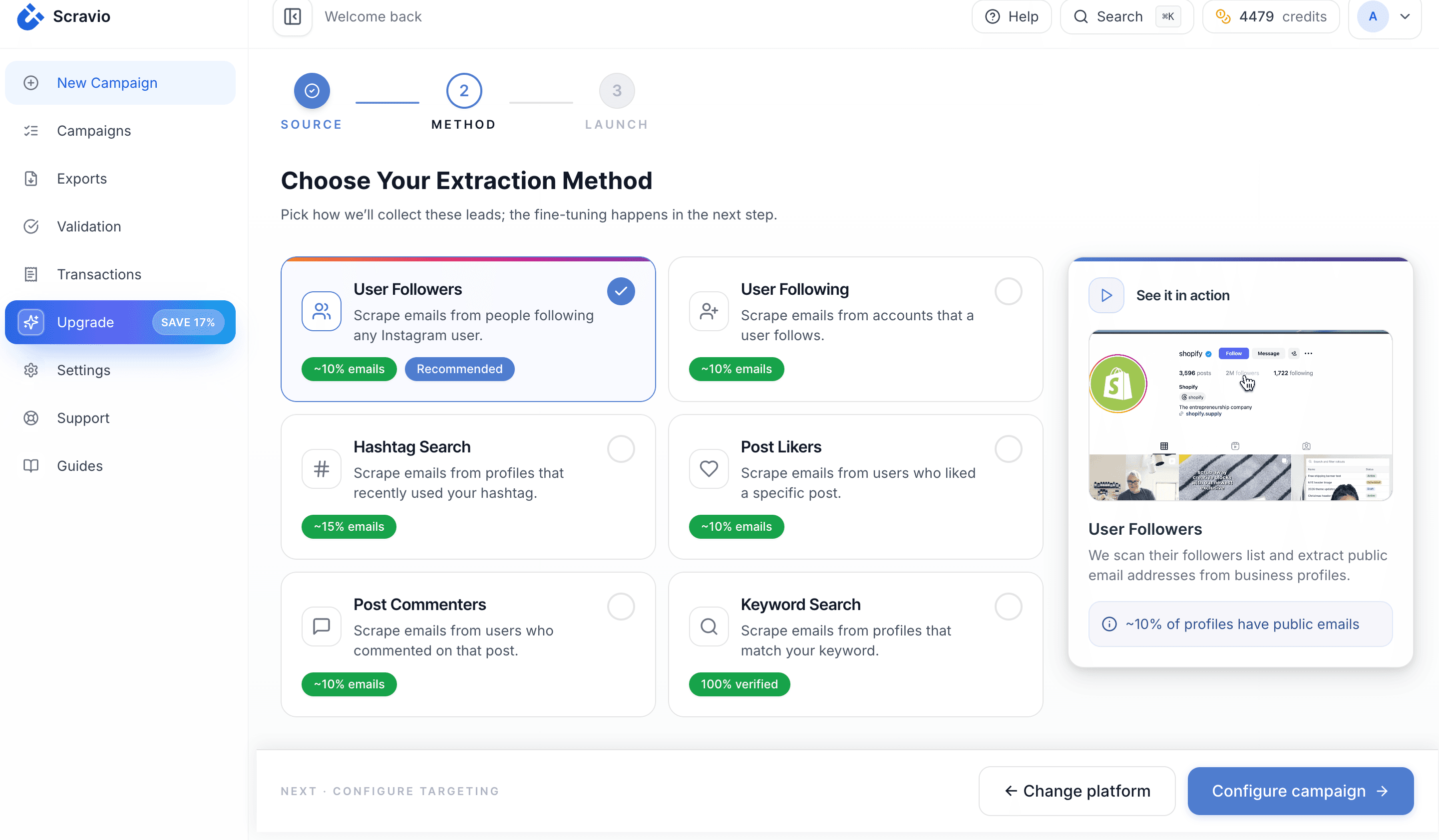 Instagram scraper interface showing Hashtag, Followers, and Keyword method options