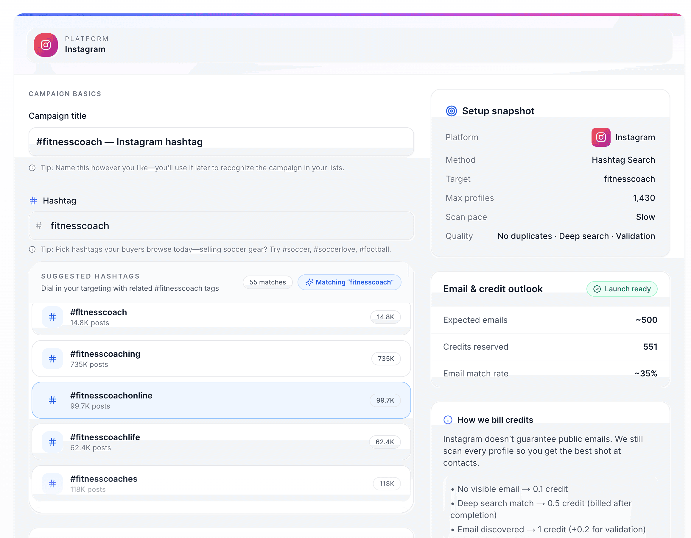 Search form configured with hashtag fitnesscoach and options enabled