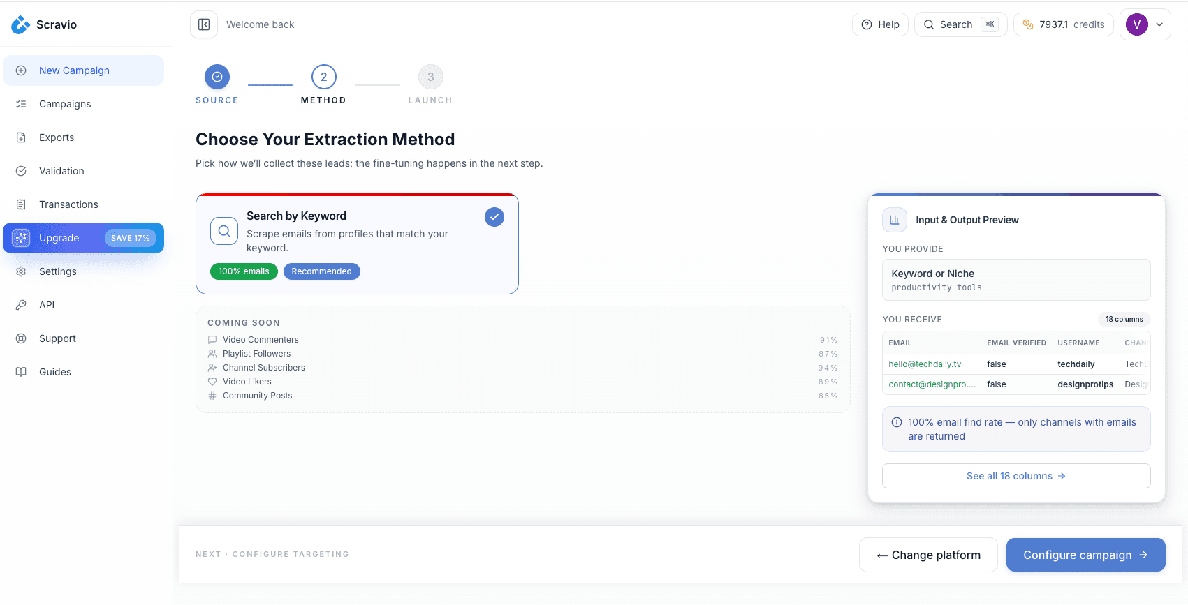 Scravio YouTube email scraper export flow