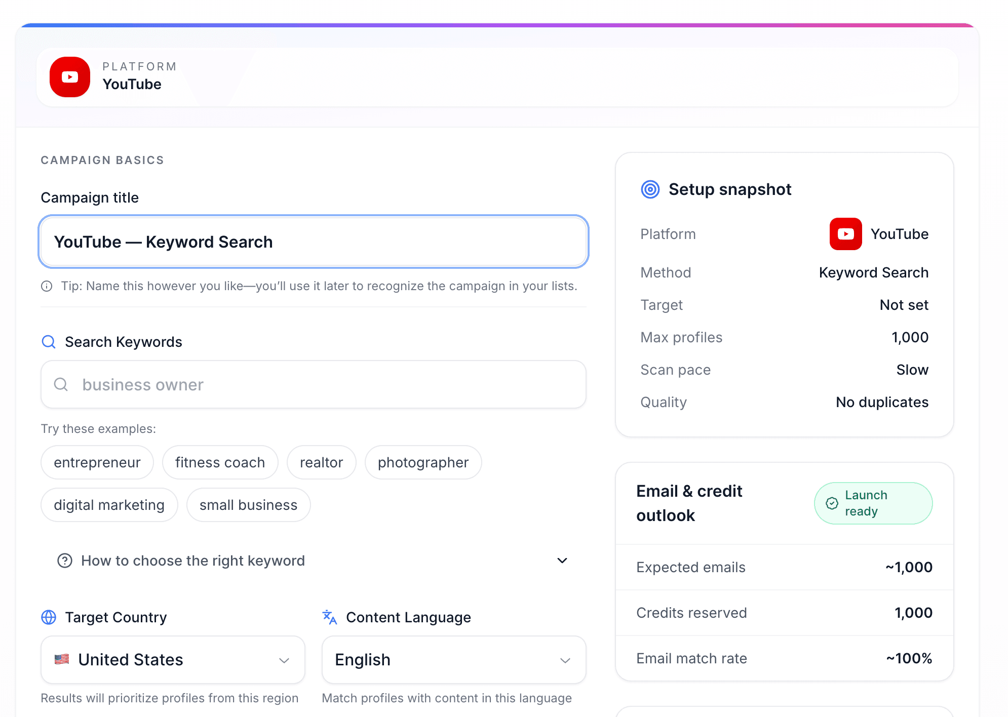 Scravio YouTube email scraper keyword search interface