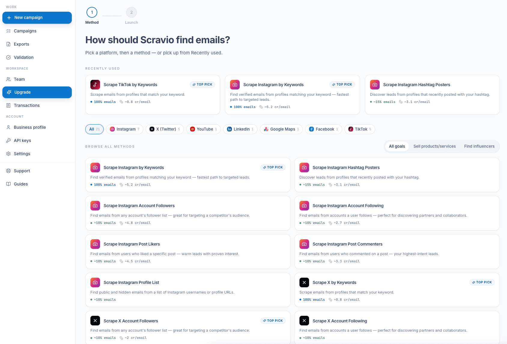 Scravio social media email scraper dashboard for choosing a platform and method