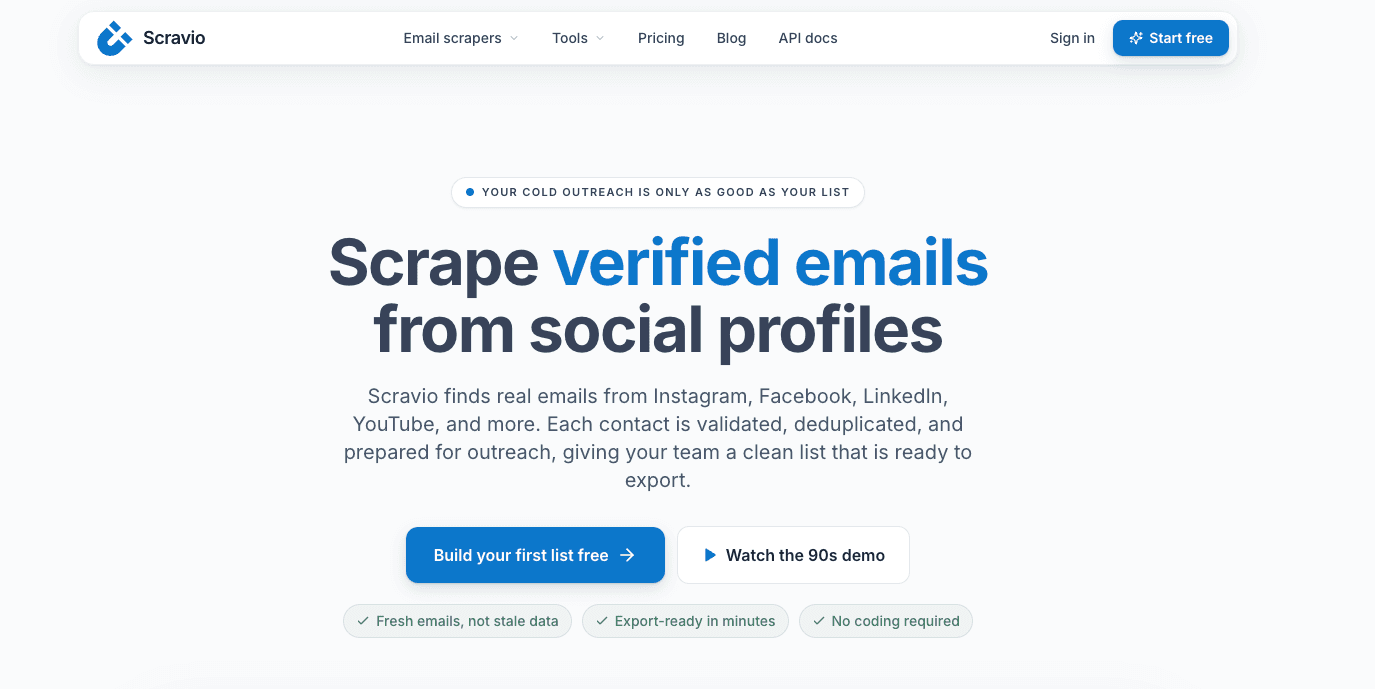 Scravio email scraper homepage showing how to scrape verified emails from social profiles