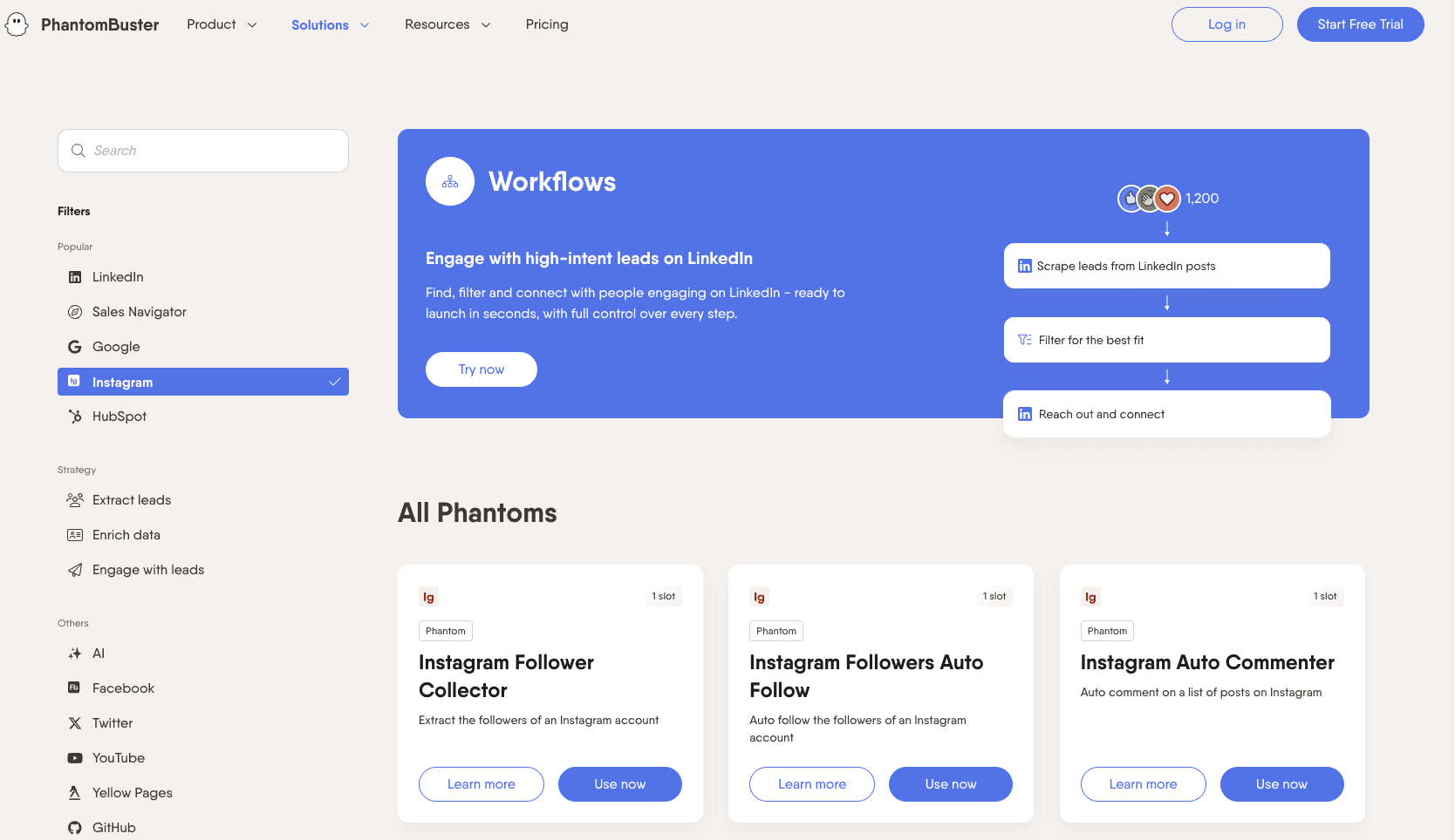 PhantomBuster Instagram profile scraper dashboard