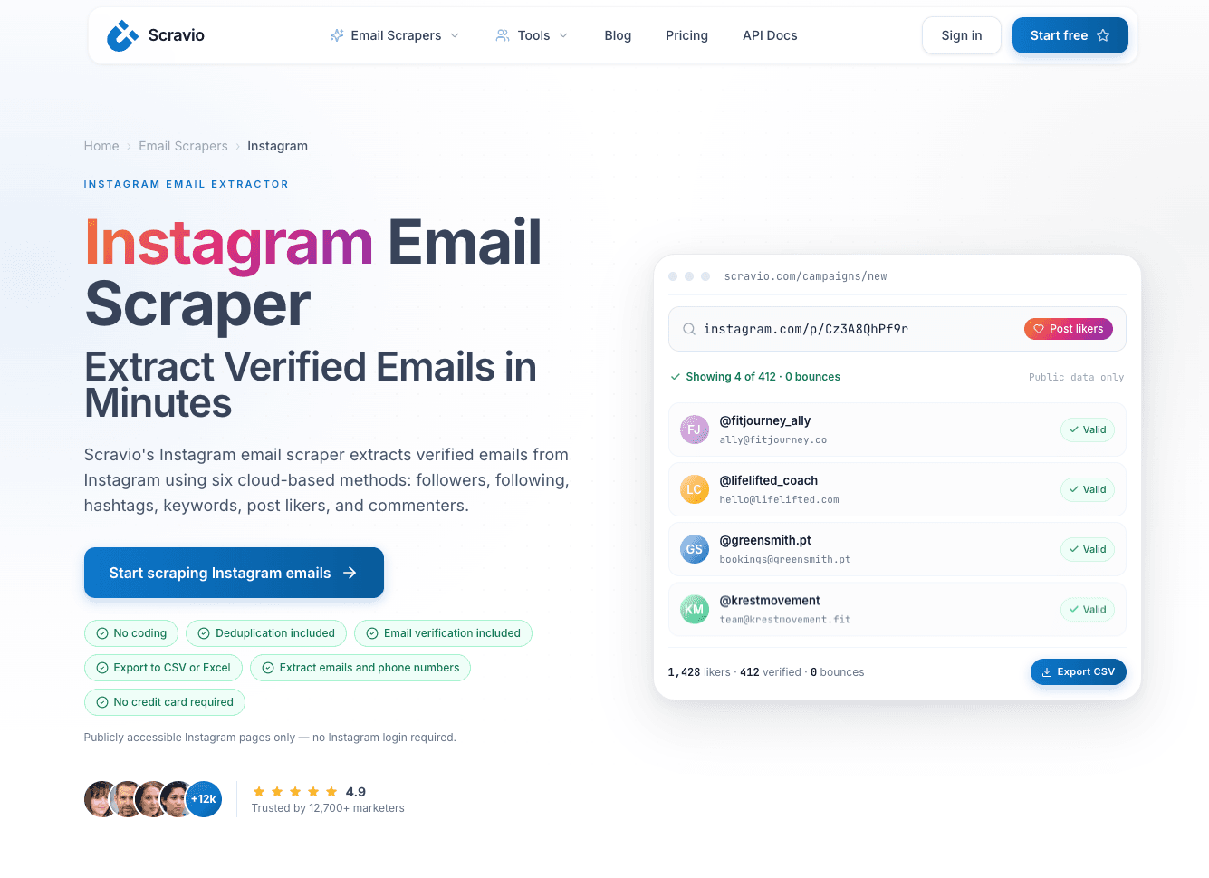 Scravio Instagram email scraper homepage