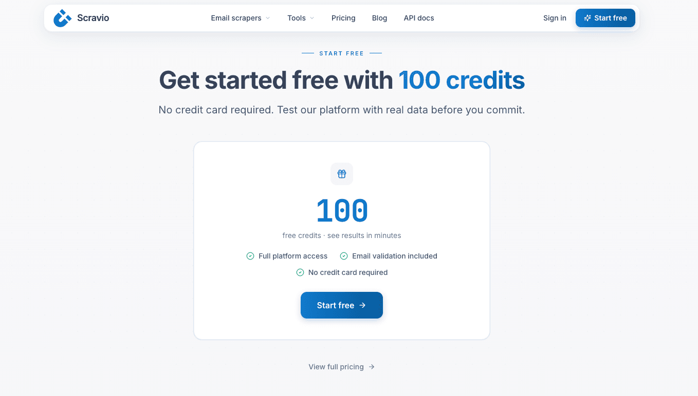 Start Scravio free with 100 credits to scrape and verify cold email leads