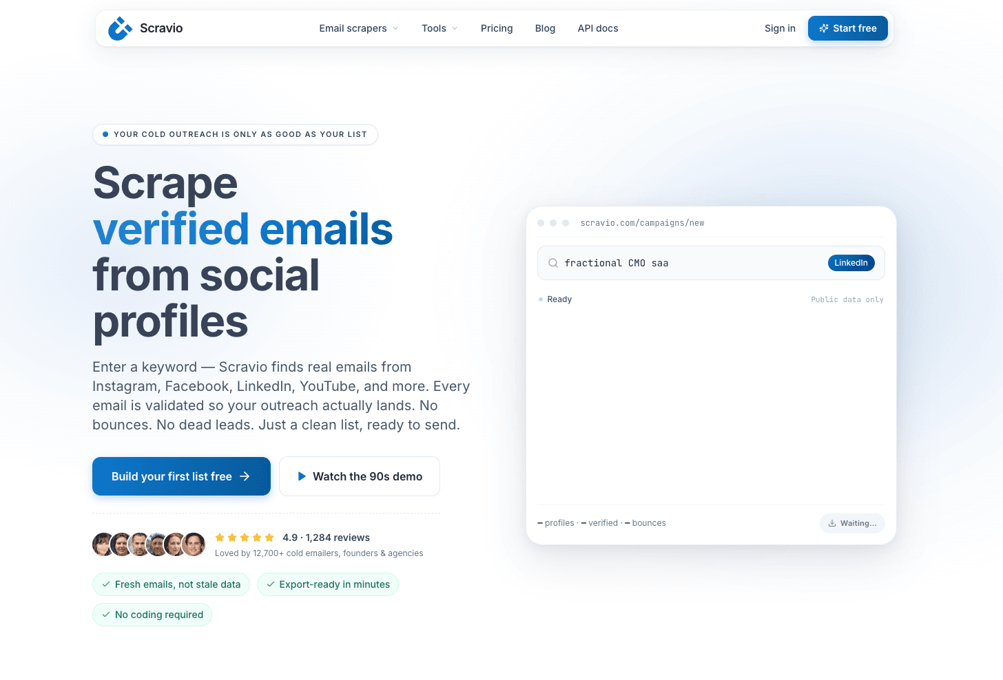 Scravio's place in a cold email stack — scraping plus integrated email verification