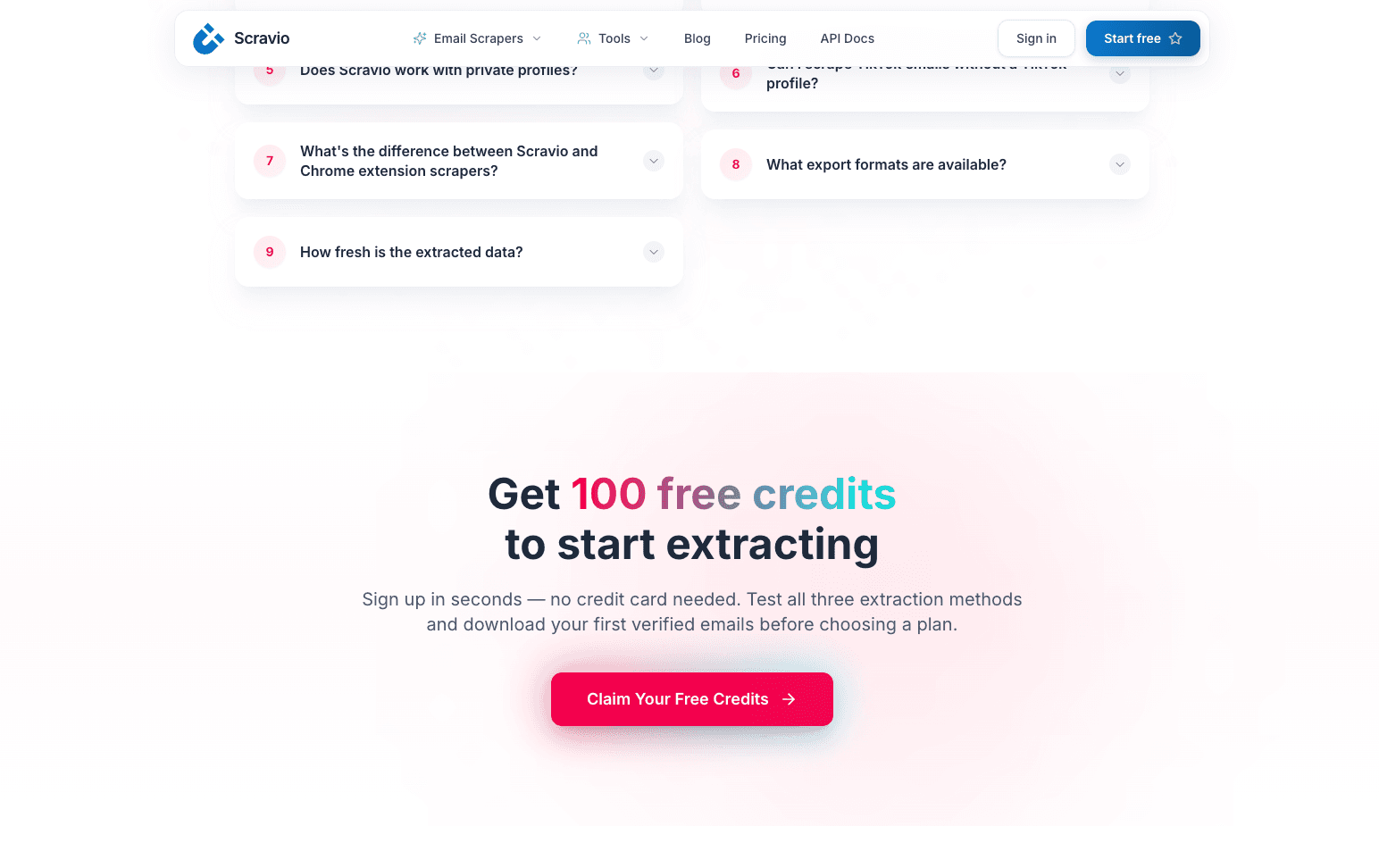 Scravio TikTok email scraper dashboard showing creator lead results