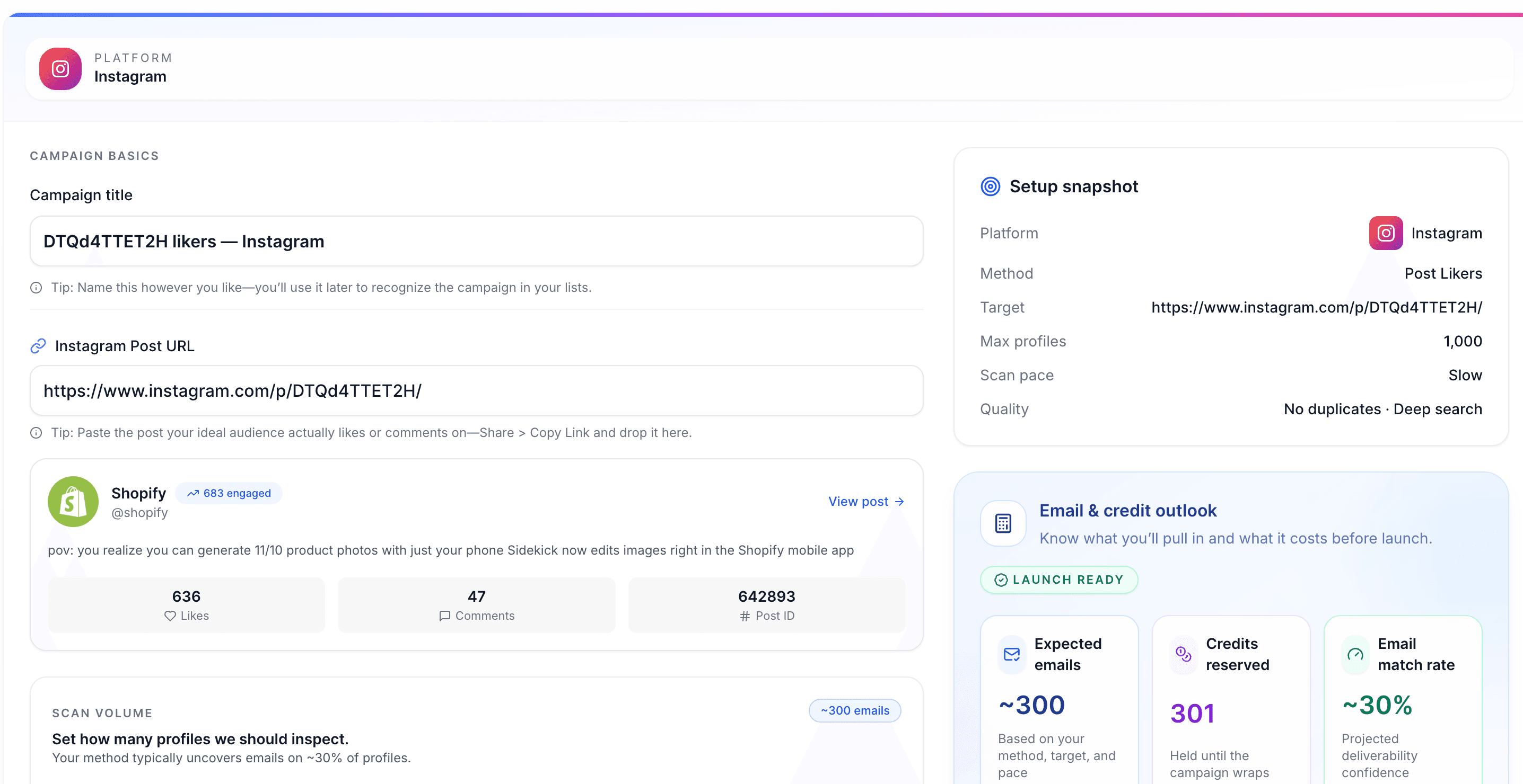 Scravio post URL input interface for likers extraction