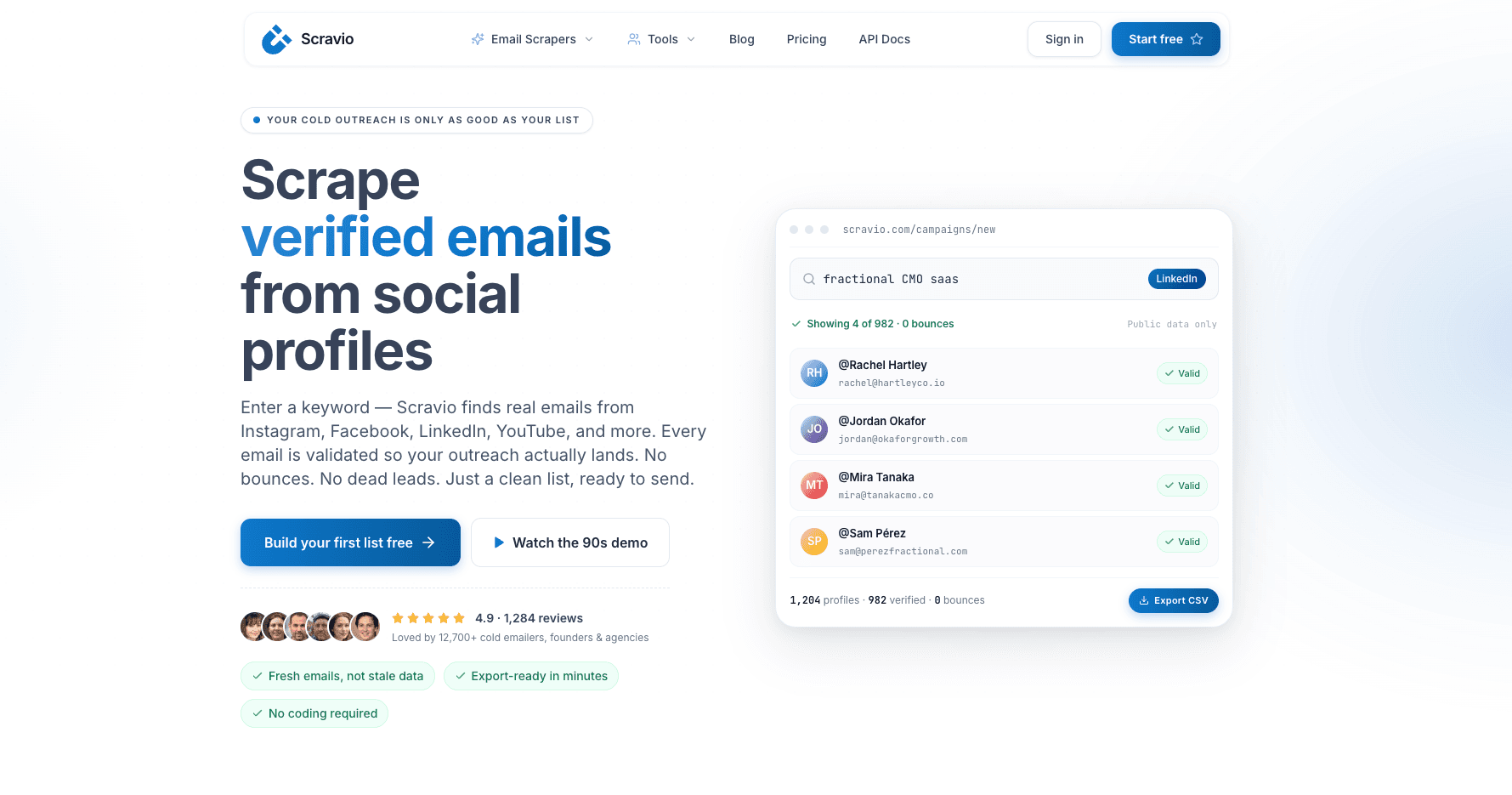Scravio homepage showing verified email scraping from social profiles with 100 free credits offer