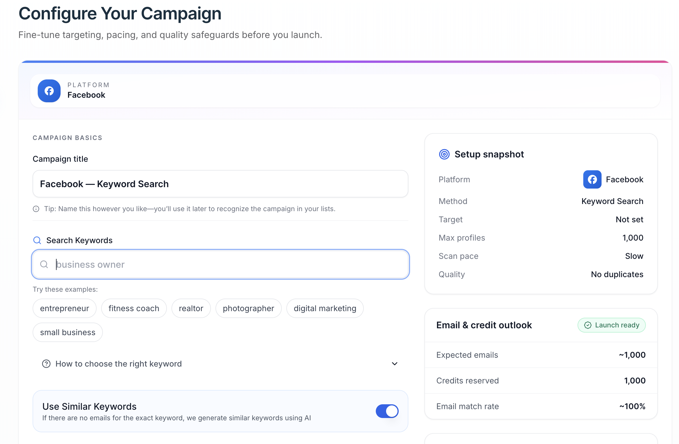 Scravio Facebook email scraper keyword search interface