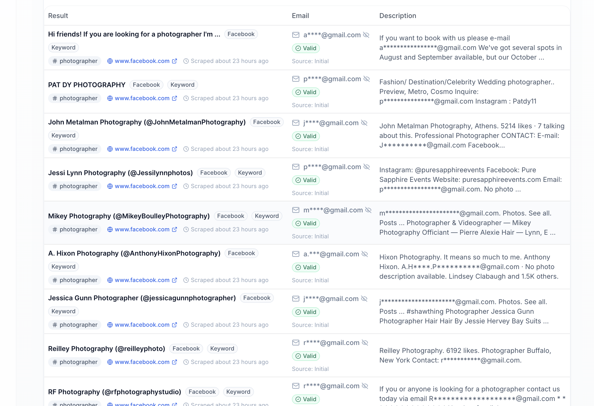 Scravio searching Facebook profiles for matching keywords