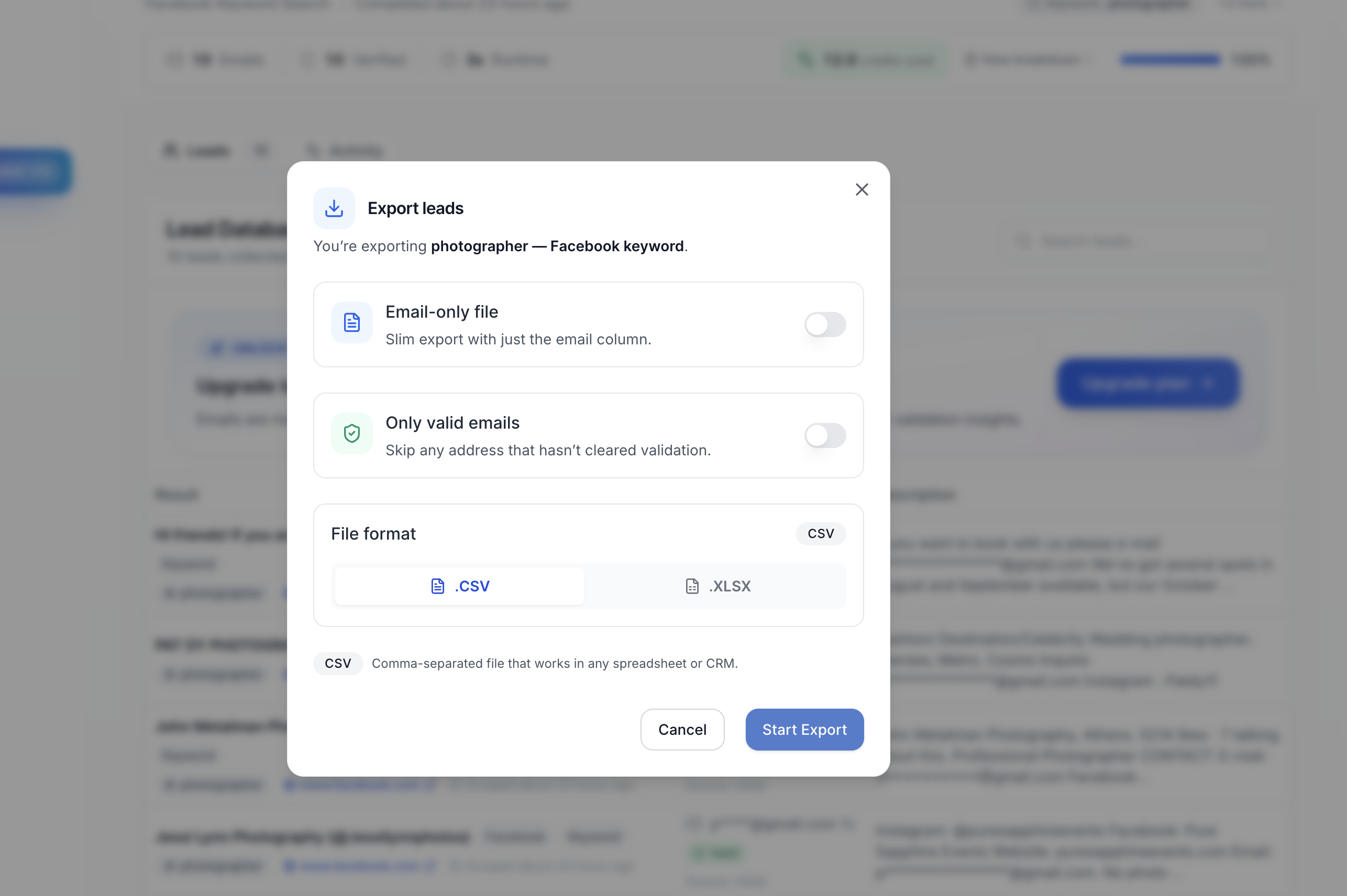 Scravio export emails with source links to CSV or Excel