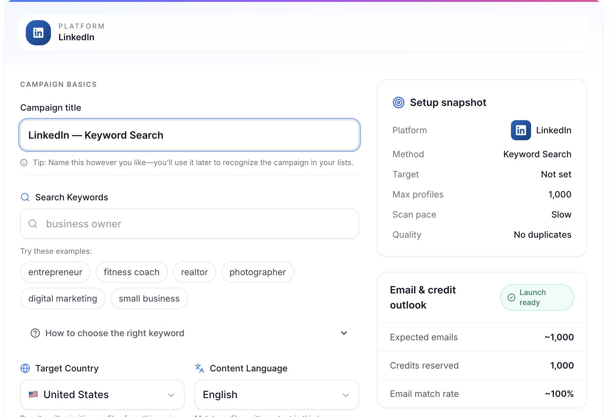Step 1: Enter your target keyword in Scravio's LinkedIn email scraper