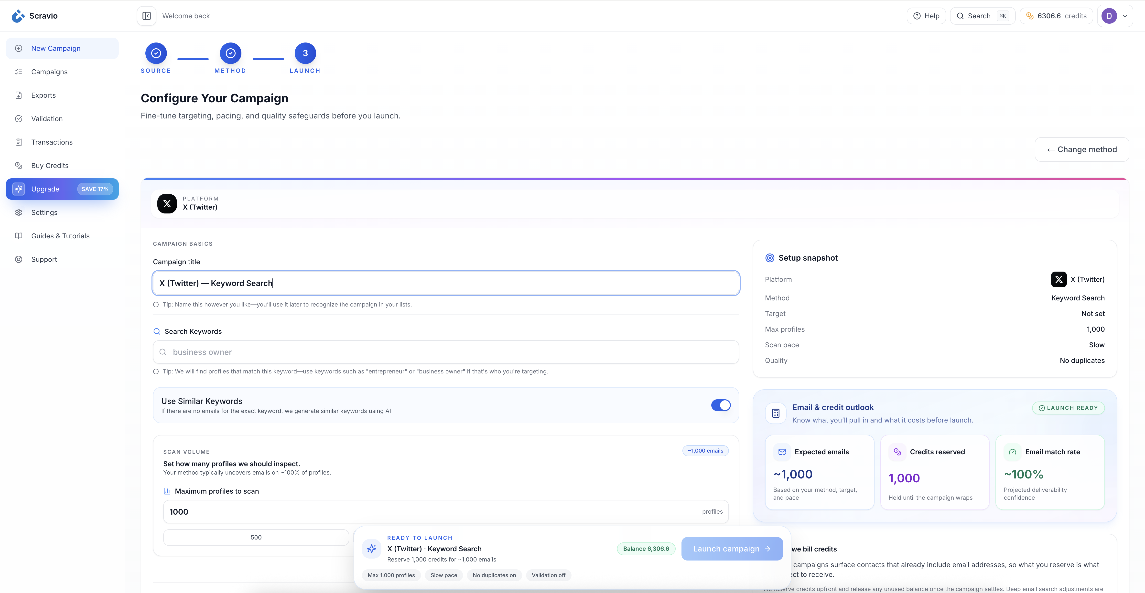 Scravio dashboard interface showing Twitter email scraper with follower analysis, verification status, and CSV/Excel export options